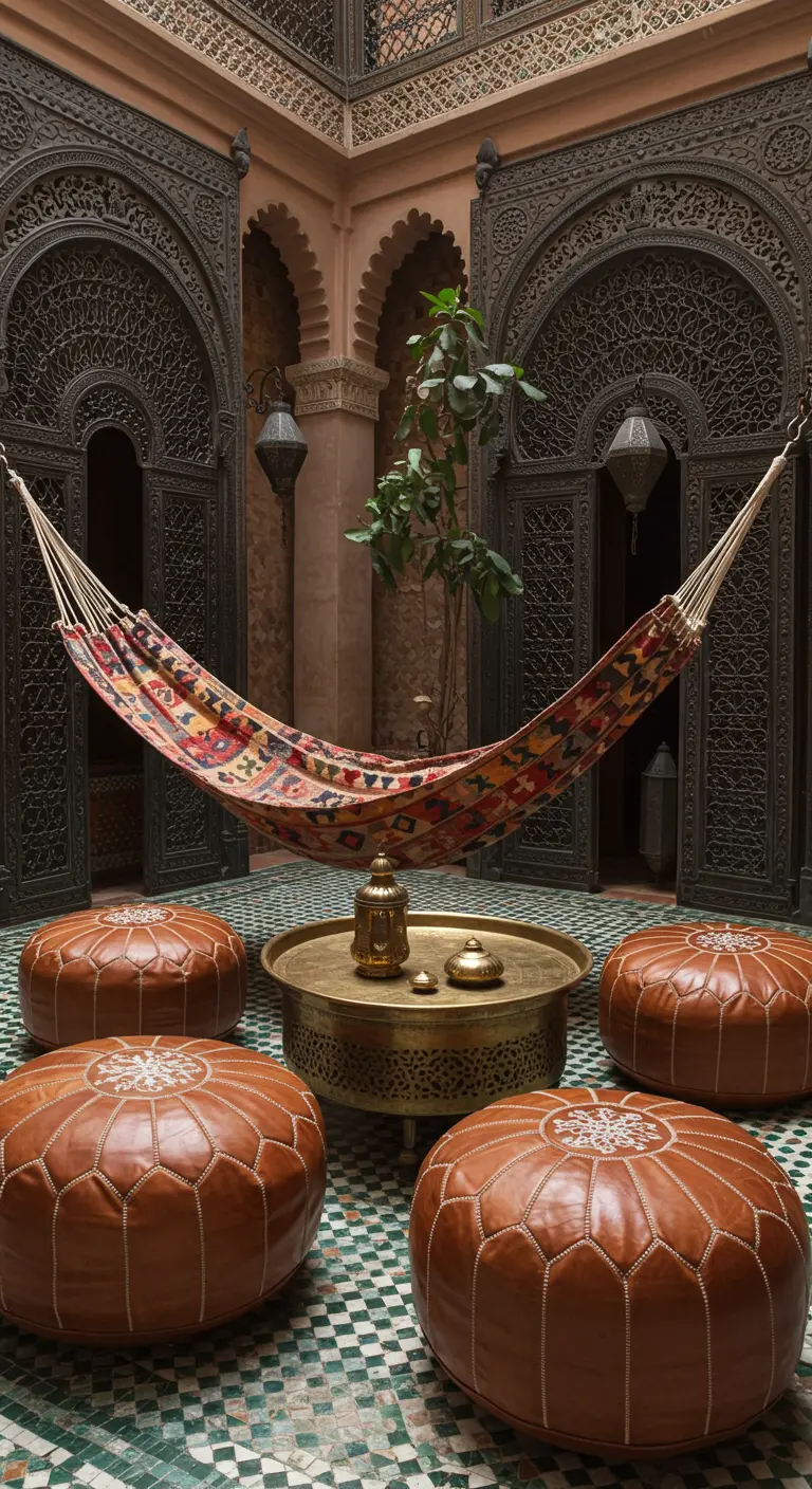 Hamac kilim et poufs en cuir dans le patio d'un riad marocain.
