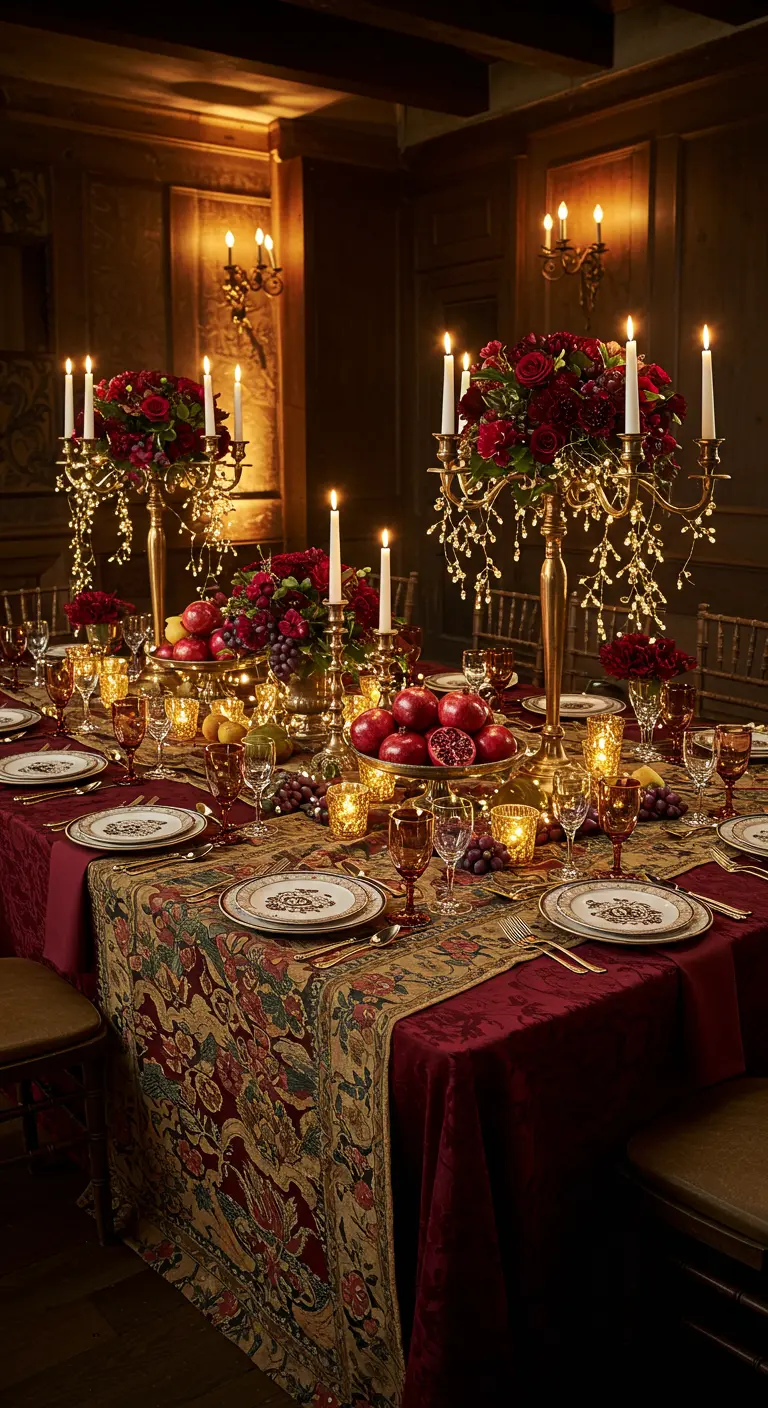 Table de banquet somptueuse avec nappe rouge et or, candélabres et coupes de fruits.