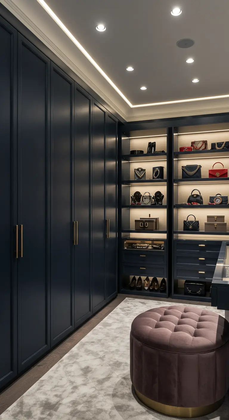 Dressing bleu marine avec poignées dorées, étagères lumineuses et pouf capitonné mauve.