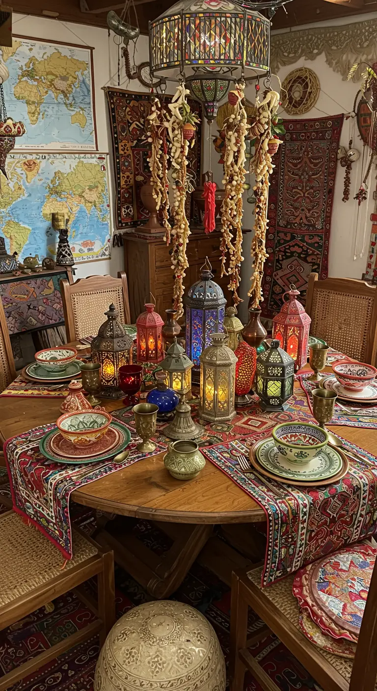 Table ronde richement décorée de lanternes orientales colorées, vaisselle à motifs et guirlandes de fruits secs.