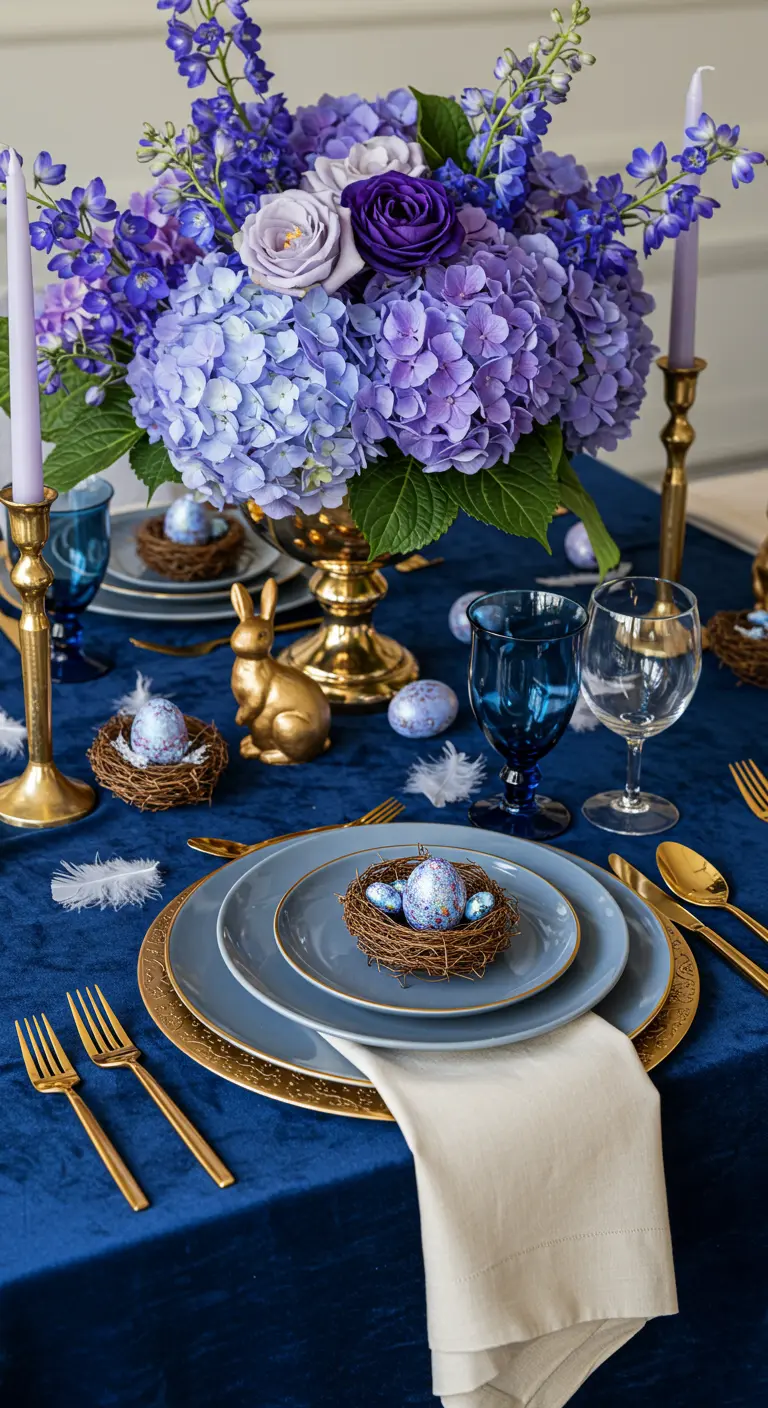 Table de Pâques luxueuse en bleu roi et or avec un grand bouquet d'hortensias.