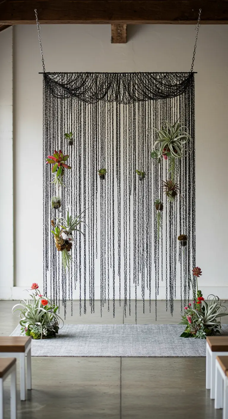 Toile de fond de cérémonie faite d'un rideau de chaînes noires suspendues.