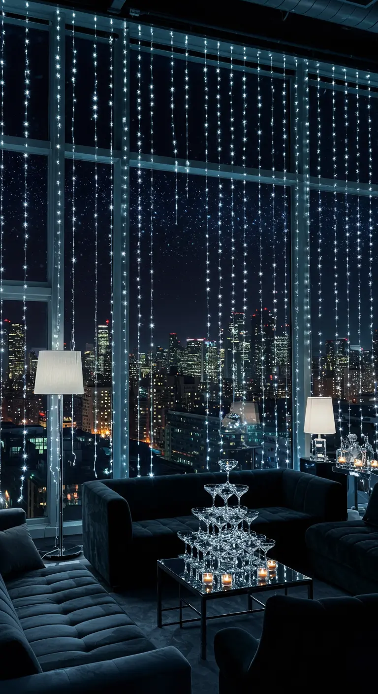 Salon chic avec vue sur la ville la nuit, encadrée par un rideau de lumières LED.