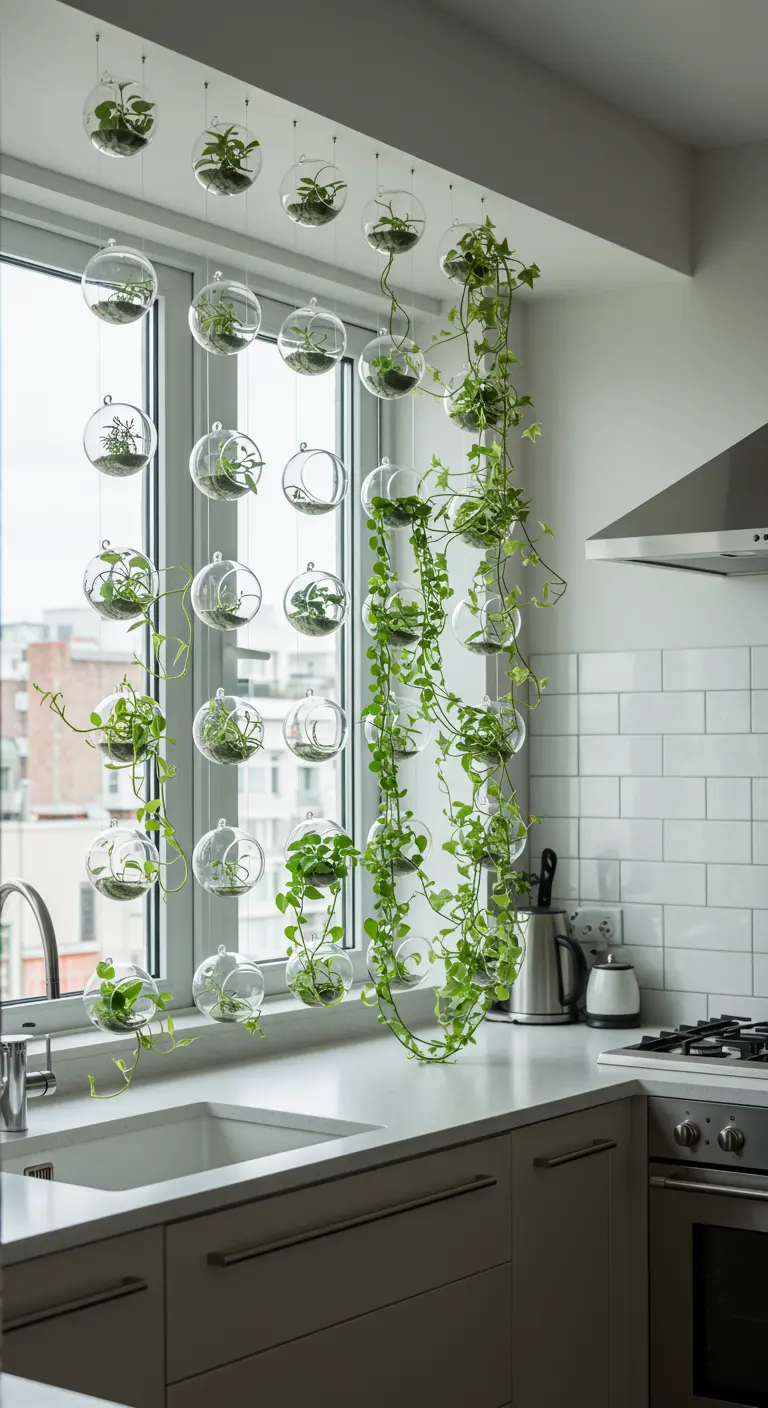 Rideau de plantes suspendues en terrariums de verre et petits pots devant une fenêtre de cuisine.