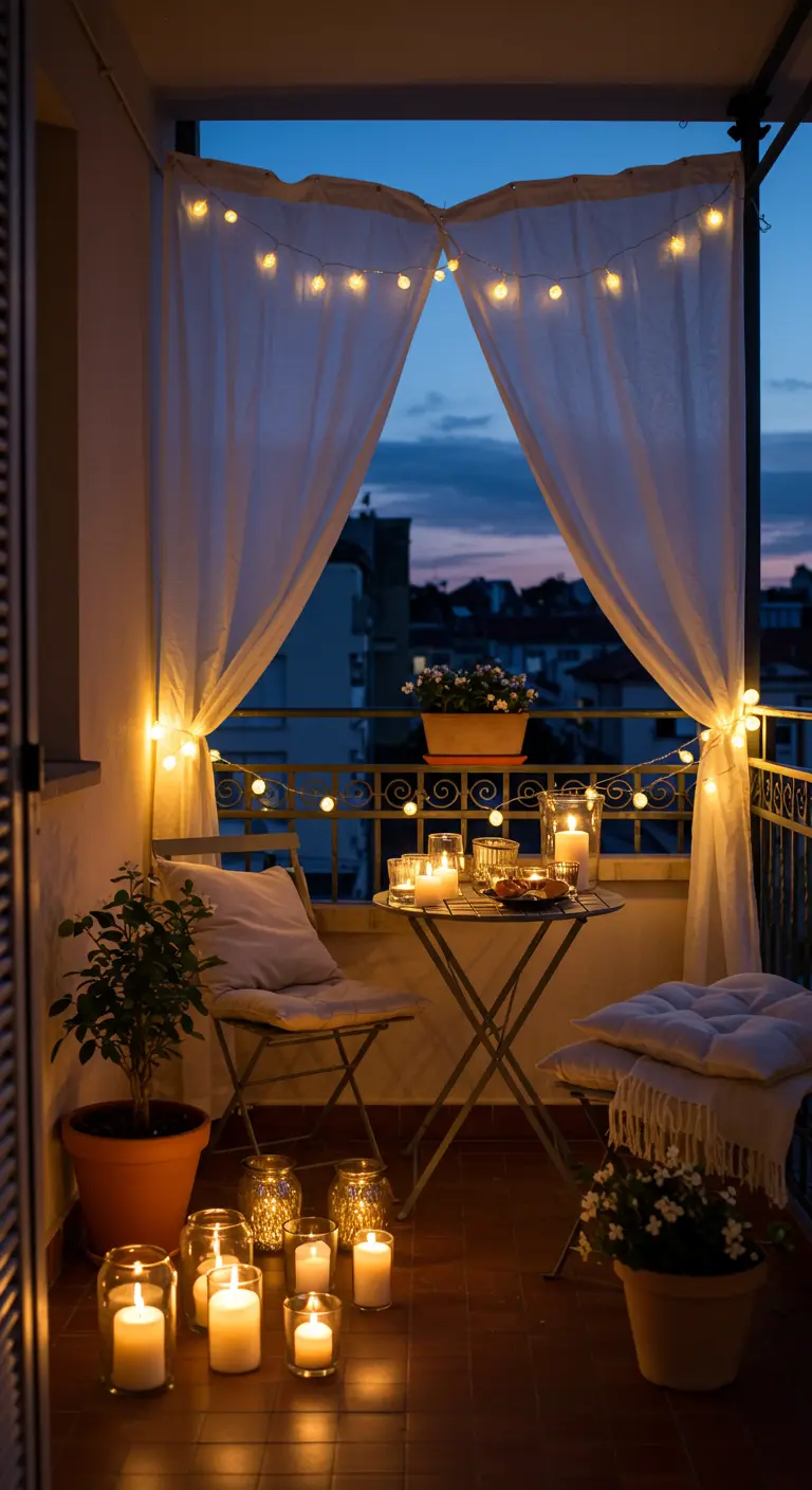 Balcon romantique de nuit avec des rideaux blancs vaporeux et des guirlandes lumineuses.