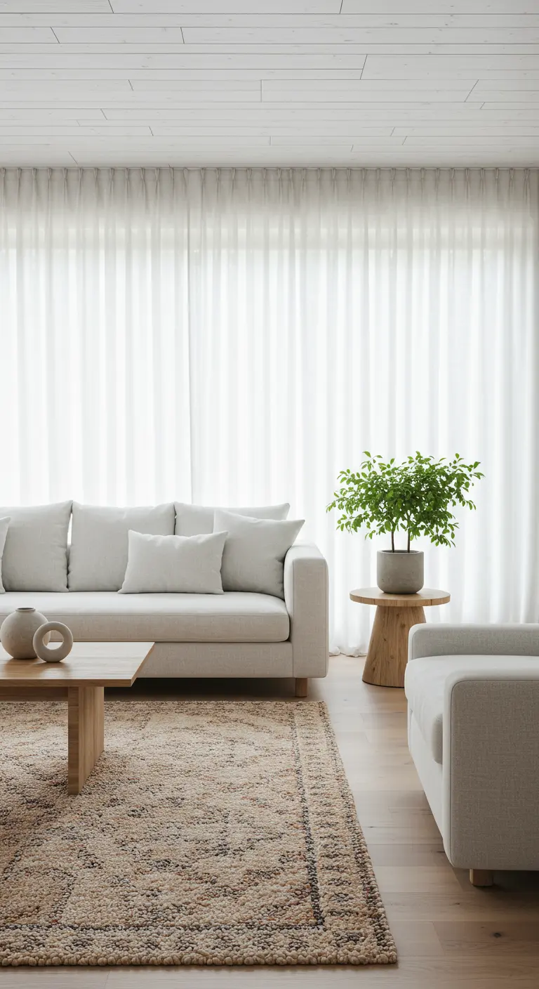 Salon minimaliste bohème avec canapé blanc, table basse en bois, tapis texturé et longs rideaux blancs vaporeux.