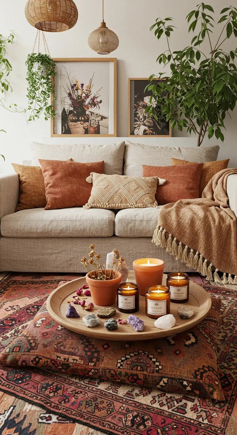 Table basse bohème avec plateau rond, bougies, cristaux et pot en terre cuite.