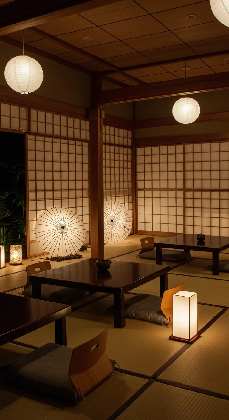 Salle japonaise traditionnelle avec cloisons shoji, tables basses sombres, lampions blancs et ombrées au sol.