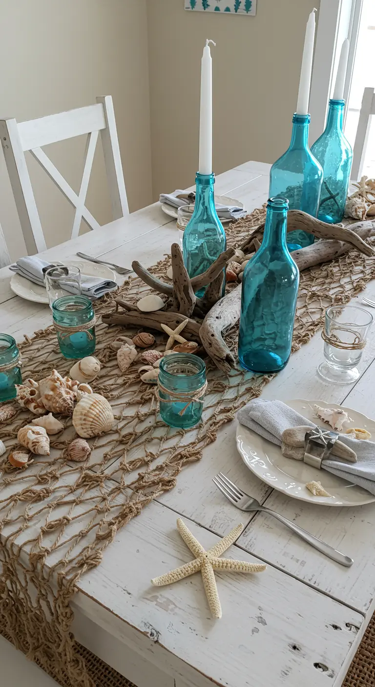 Table de Noël sur le thème de la mer avec du bois flotté, des coquillages et des bouteilles bleues.