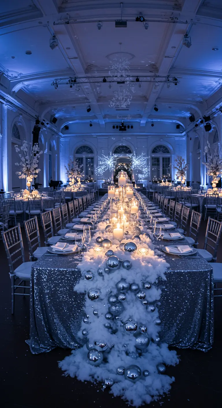 Table de banquet avec nappe argentée, nuage de coton et boules de Noël.