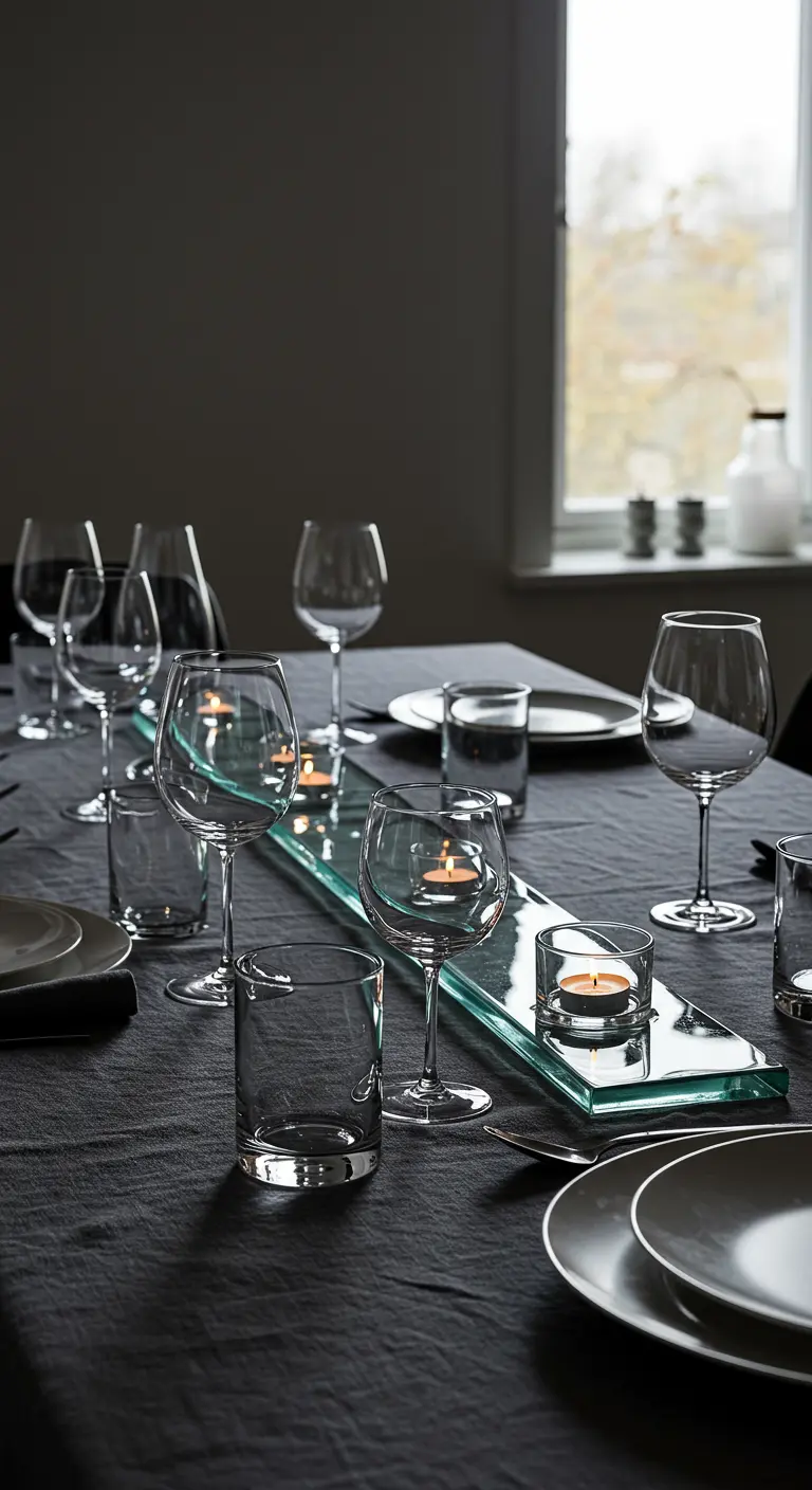 Centre de table composé d'un long plateau en verre rempli d'eau et de bougies chauffe-plat.
