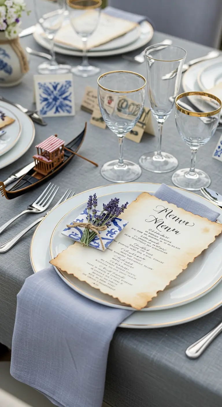 Table élégante avec menu parchemin, lavande et miniature de gondole.