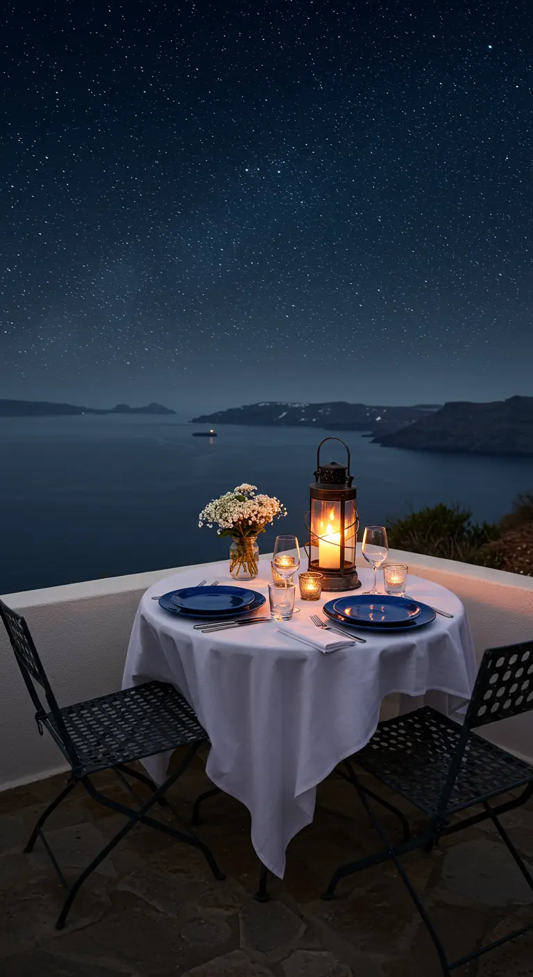 Petite table romantique sur un balcon surplombant la mer la nuit, avec lanterne et assiettes bleues.