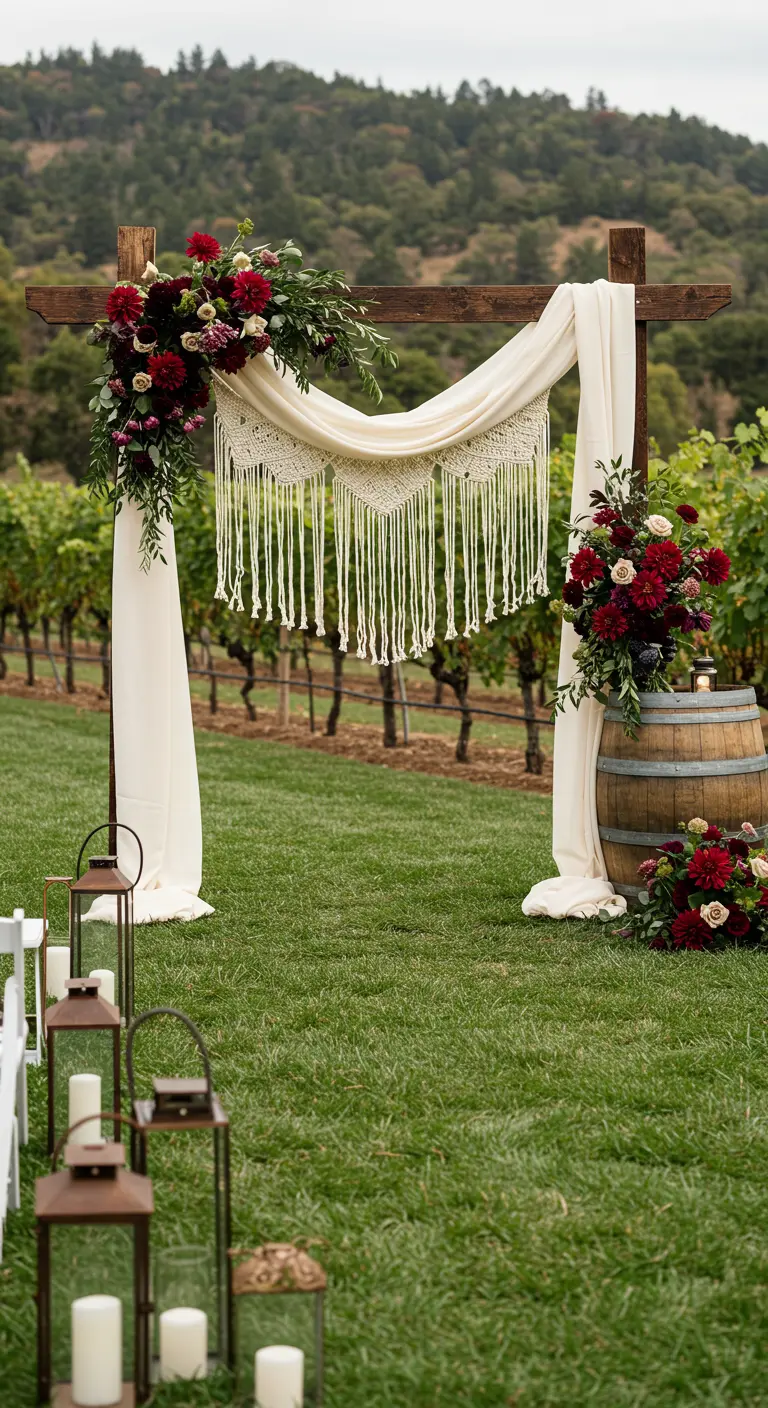 Arche de mariage dans un vignoble avec fleurs bordeaux et voilage blanc.