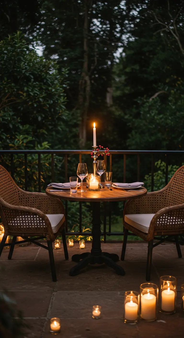 Dîner intime pour deux sur un balcon, éclairé uniquement par des dizaines de bougies.