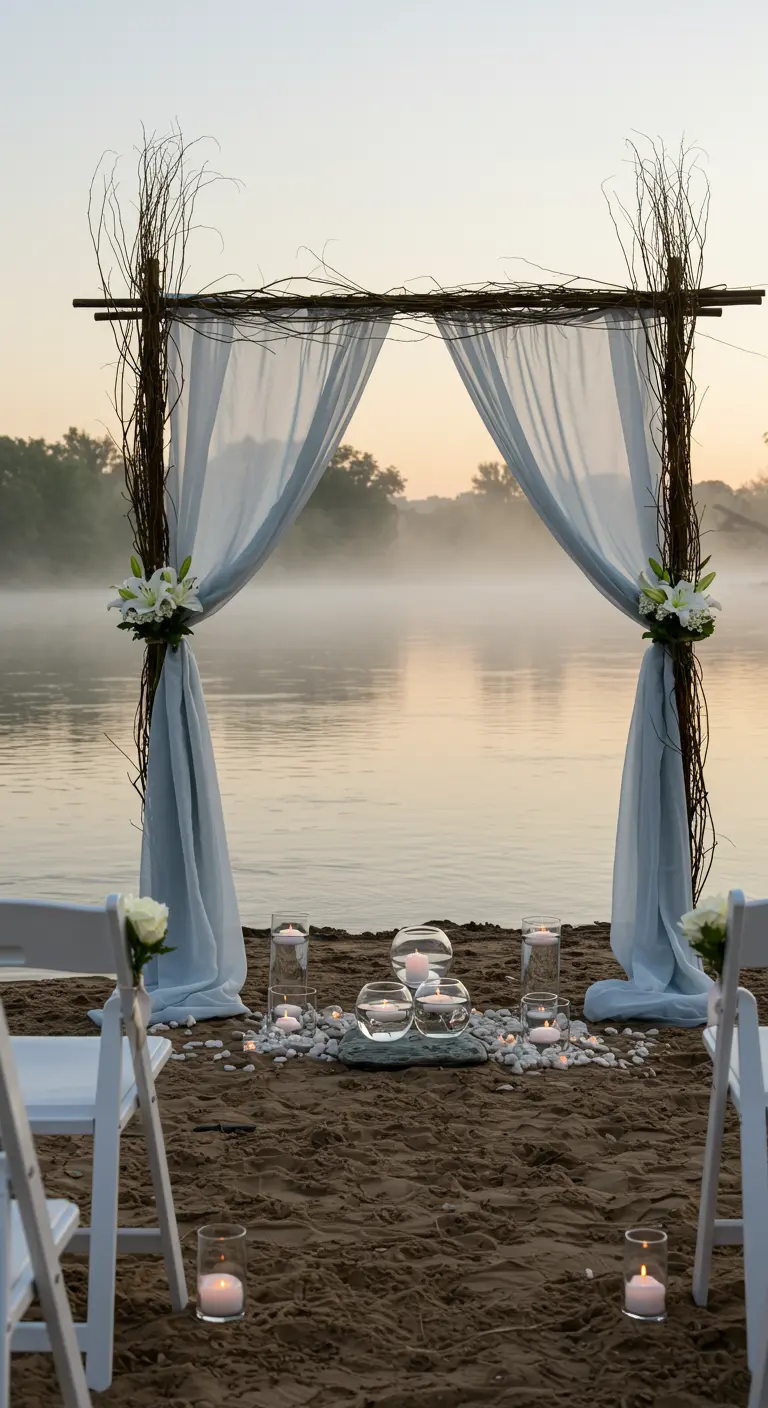 Arche de mariage au bord du lac avec branches, tissu bleu pâle, lys blancs et bougies flottantes.
