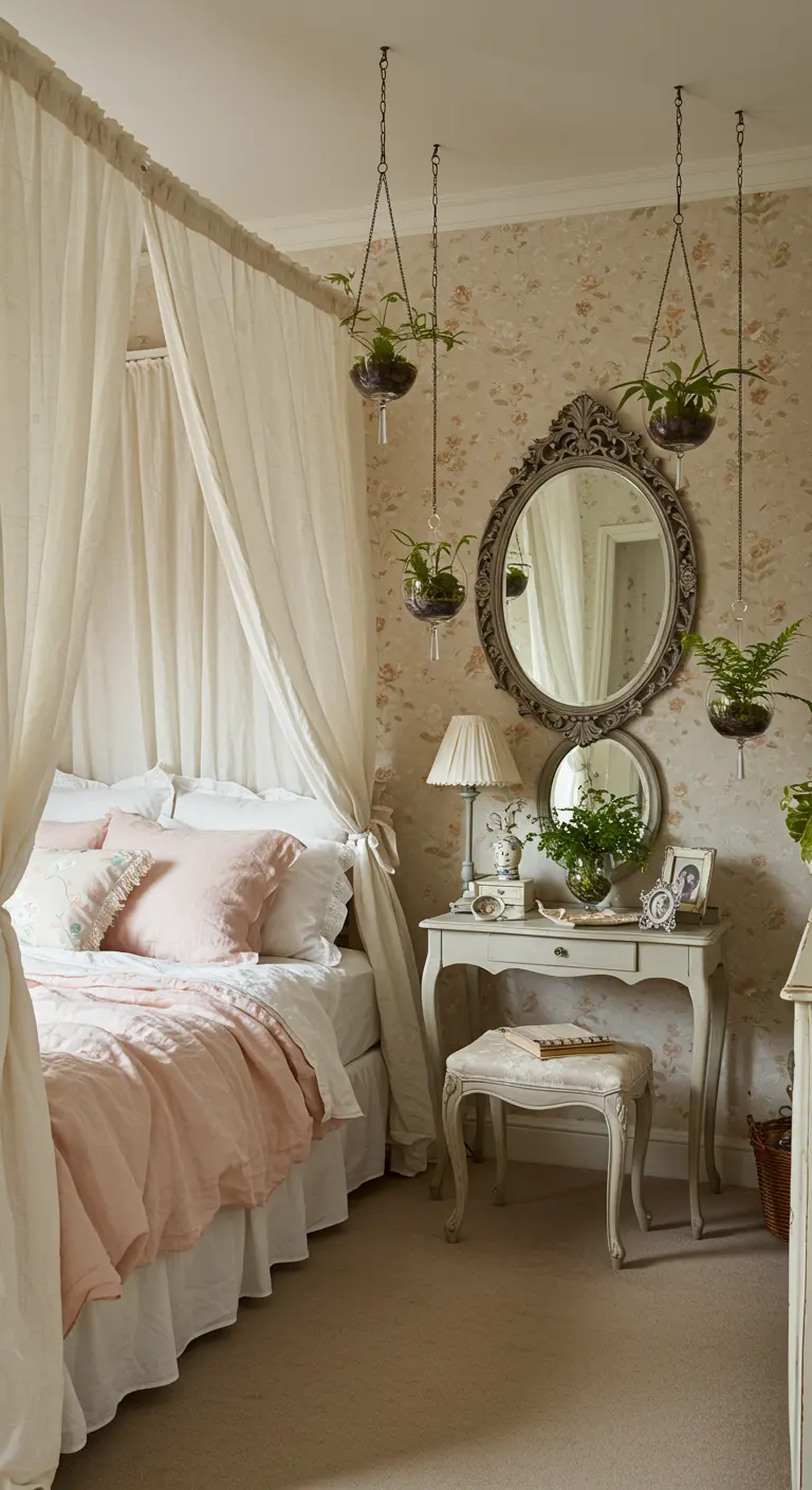 Chambre romantique avec papier peint fleuri, lit à baldaquin, miroir ovale et plantes suspendues.