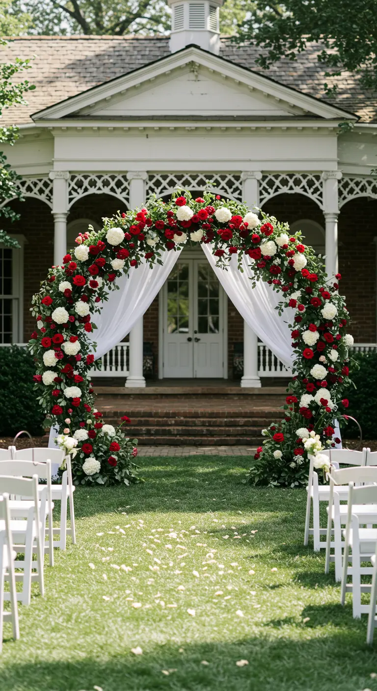 Arche de mariage florale rouge et blanche sur pelouse devant une maison blanche.