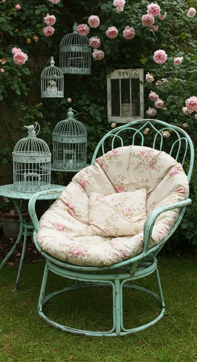 Fauteuil papasan vert menthe fleuri dans un jardin de roses avec cages à oiseaux décoratives.