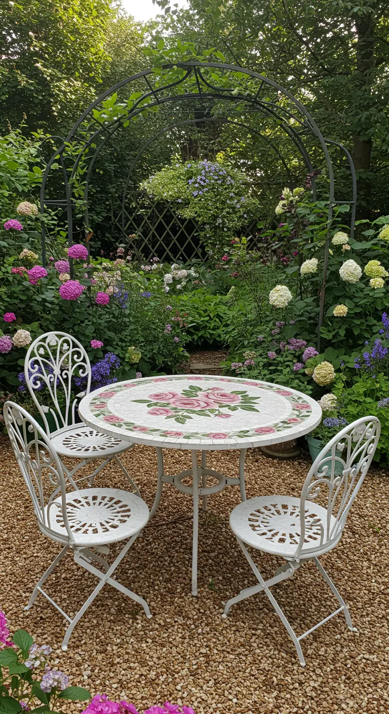 Table en mosaïque florale blanche et rose dans un jardin luxuriant.