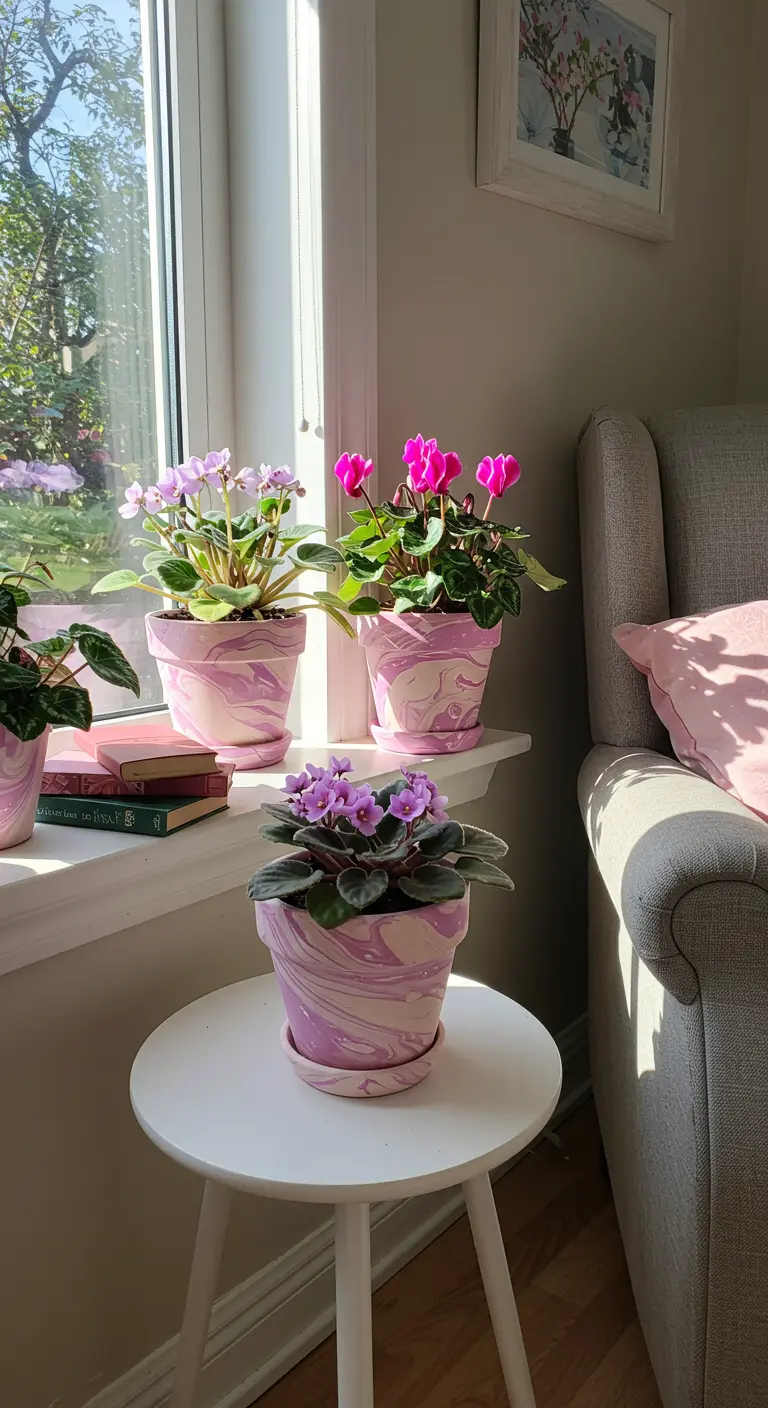 Pots marbrés roses et blancs avec des Saintpaulias sur un rebord de fenêtre et un guéridon.
