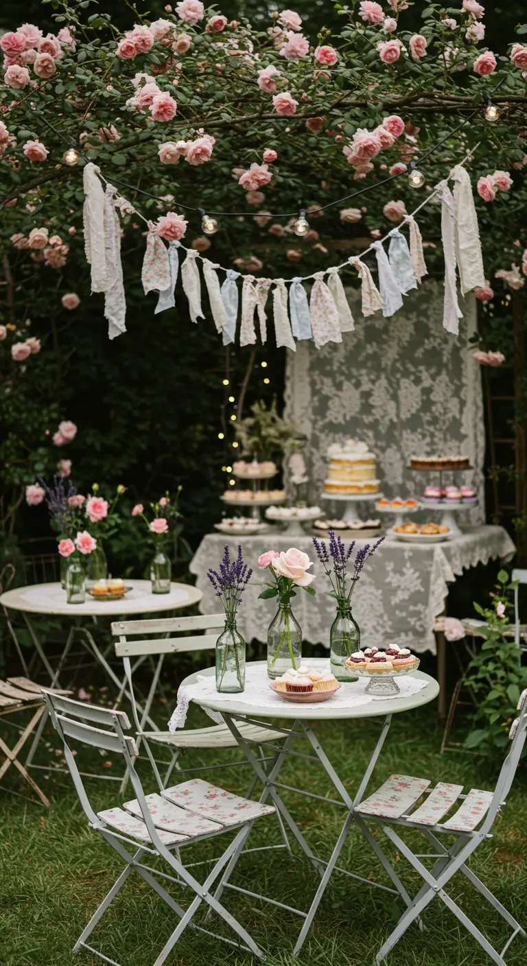 Fête intime dans un jardin de roses, tables bistro, bouteilles recyclées et guirlande de tissu.