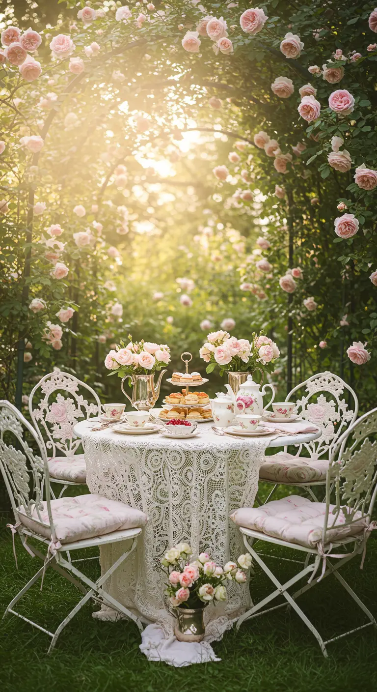 Chemin de table en dentelle sur table dans un jardin de roses, service à thé vintage.