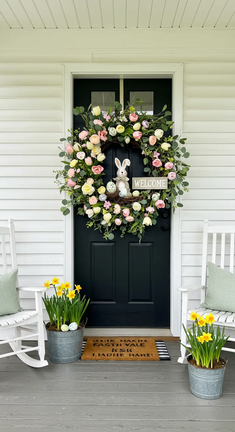 Couronne de Pâques florale avec tulipes et roses sur une porte noire.