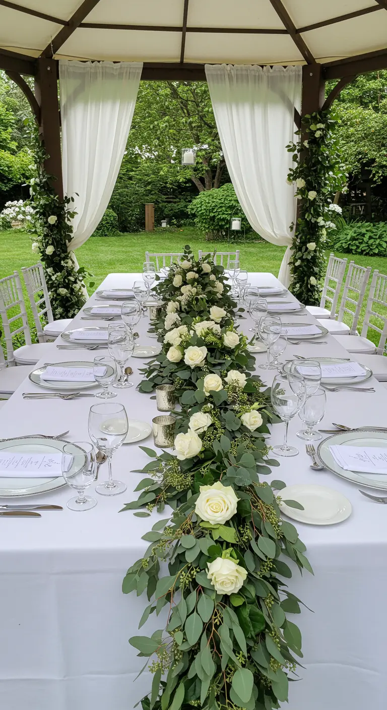 Longue table de mariage blanche avec un chemin de table luxuriant d'eucalyptus et de roses blanches.