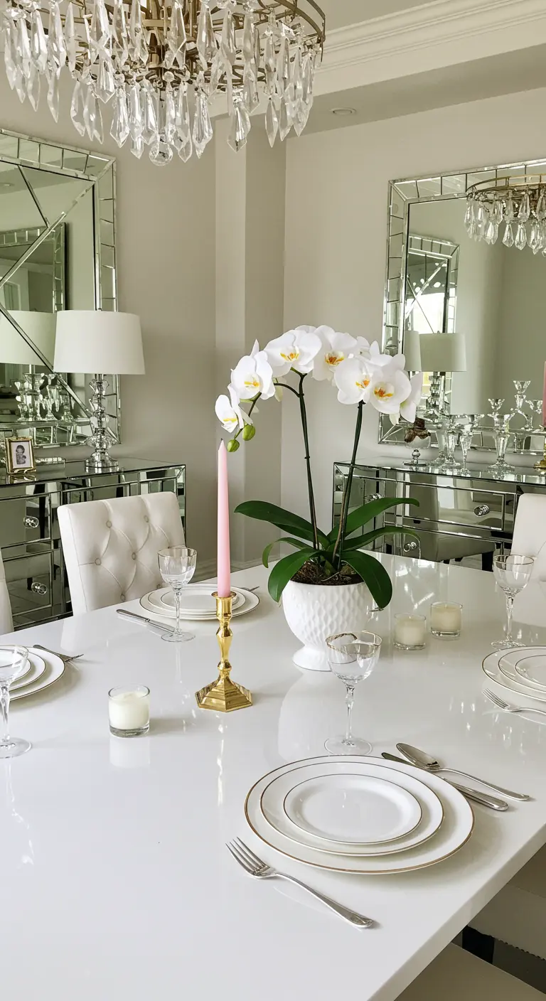 Table de réception glamour avec orchidée blanche, bougie rose et bougeoir doré.