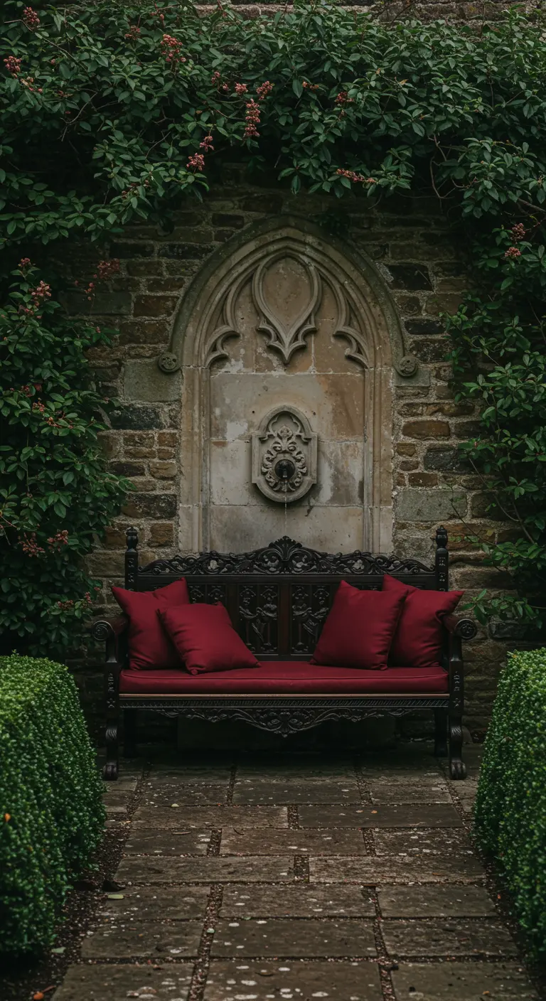 Coin jardin gothique avec fontaine en pierre, banc en bois sculpté et coussins rouges.