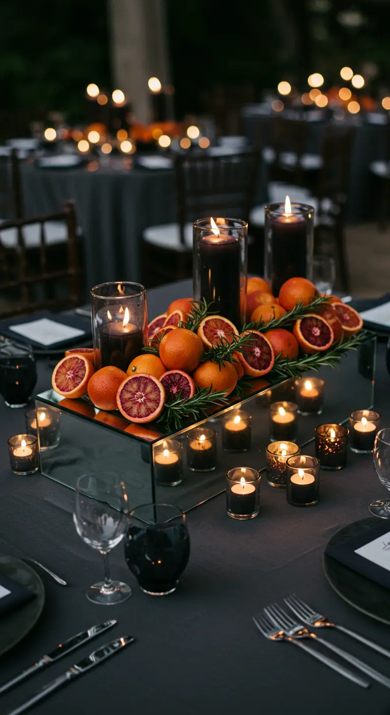 Table sombre avec des oranges sanguines, du romarin et des bougies noires.
