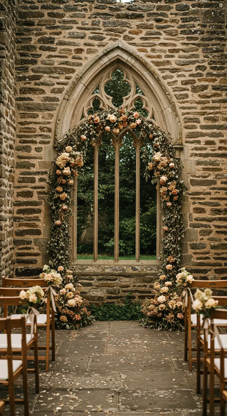 Une fenêtre en pierre de ruines médiévales est décorée de fleurs comme une arche.