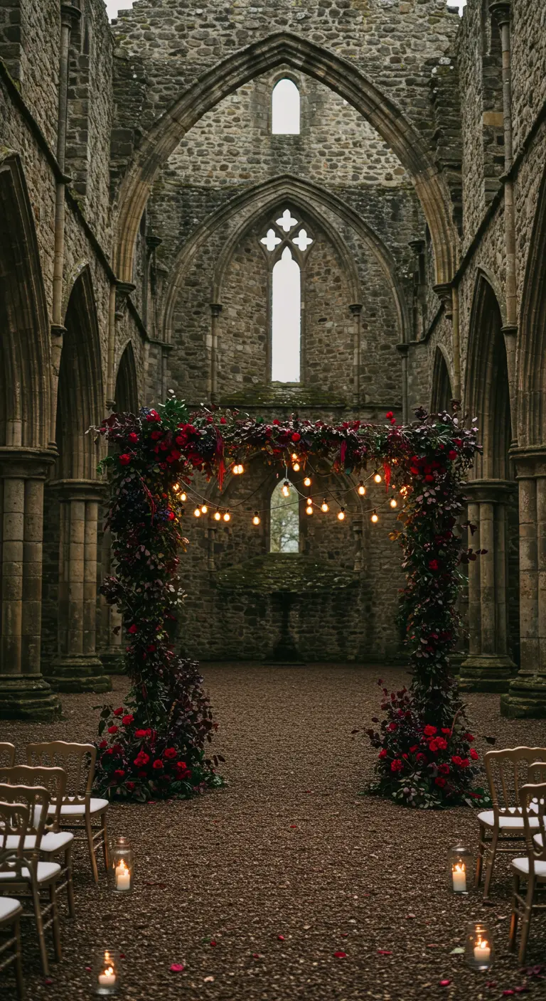 Arche de mariage sombre avec feuillage pourpre et roses rouges dans des ruines.