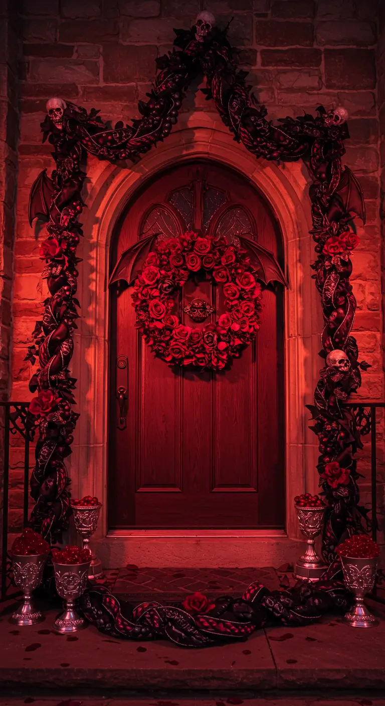 Porte en bois sombre avec une couronne de roses rouges et des crânes.