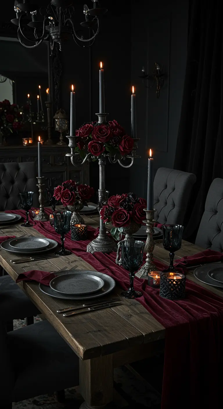 Table gothique romantique avec un centre de table de roses rouges et de chandeliers argentés, bougies noires sur fond sombre.