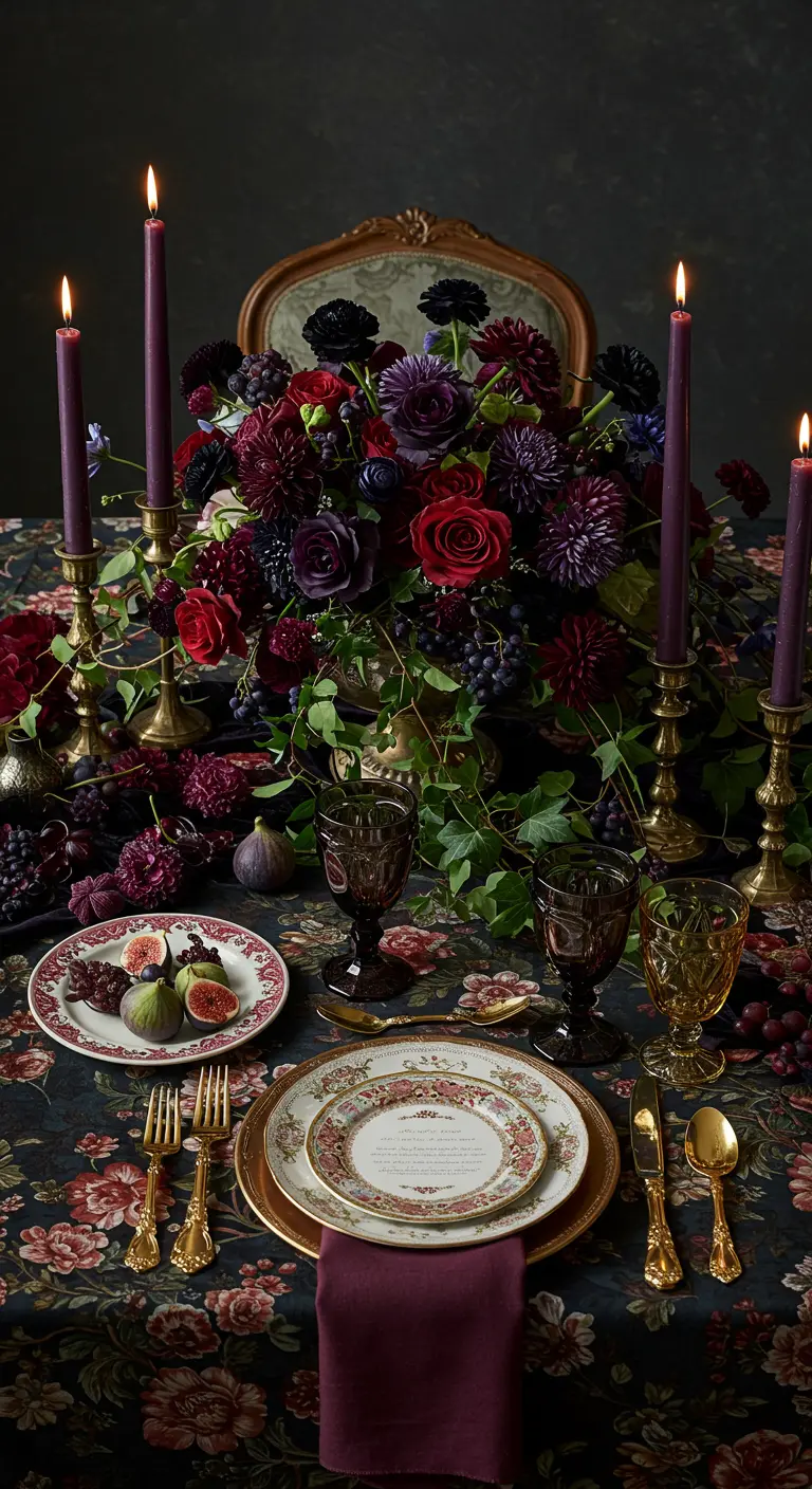 Table de style gothique romantique avec des fleurs sombres et des chandeliers dorés.