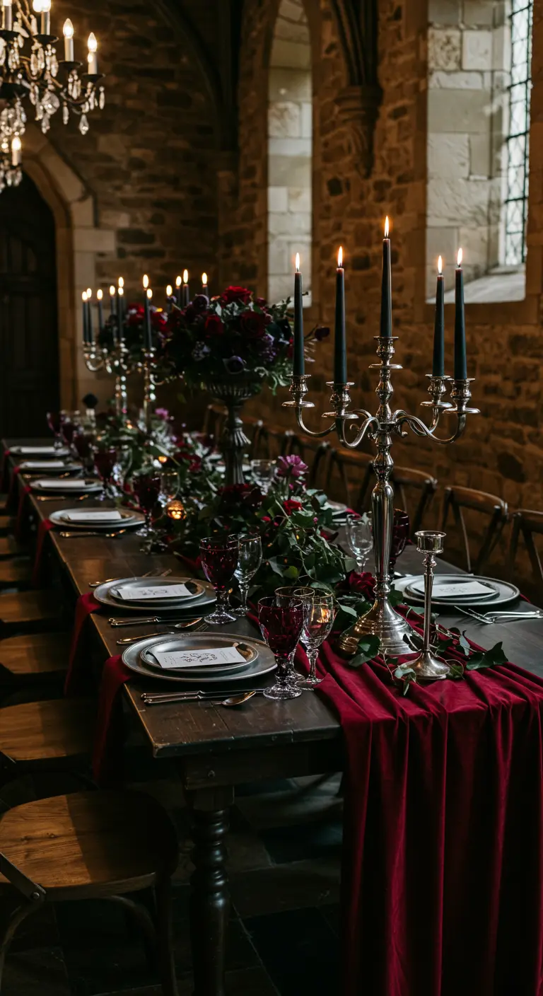 Table de mariage gothique avec chemin de table en velours rouge, bougies noires et fleurs sombres.