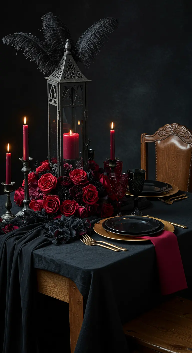 Lanterne gothique noire avec roses rouges et plumes sur une table sombre et dramatique.