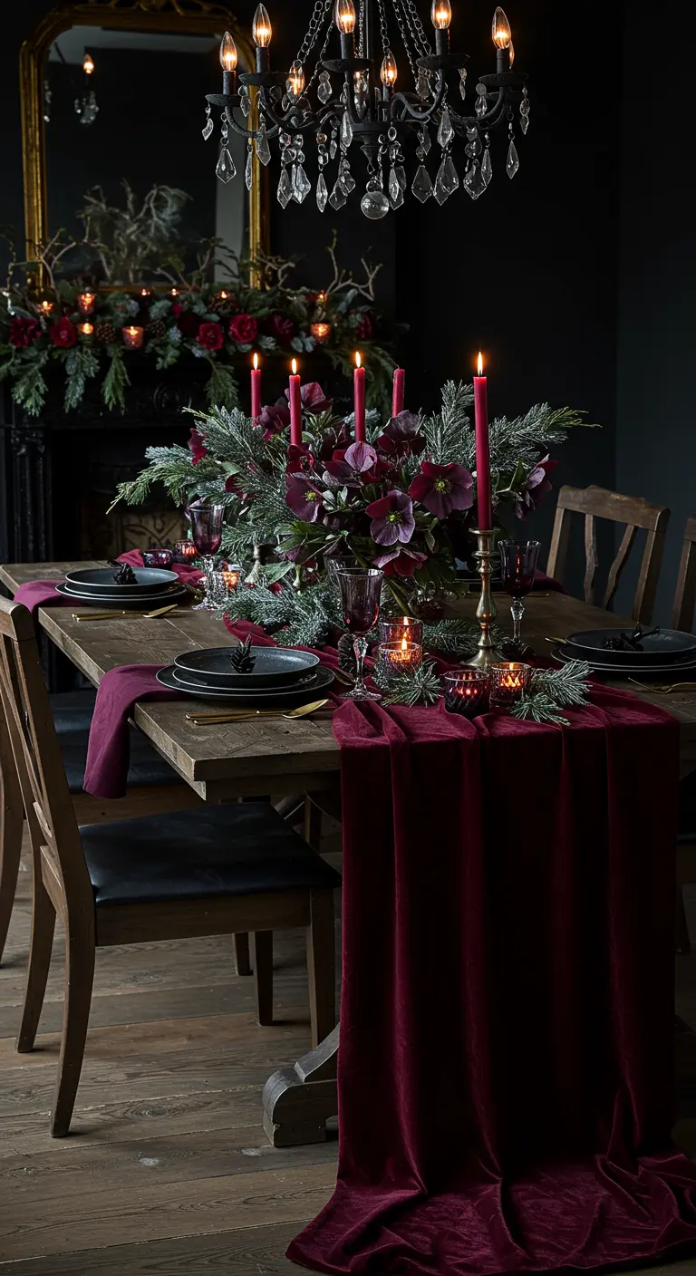 Table de Noël romantique et sombre avec chemin de table en velours et fleurs pourpres.