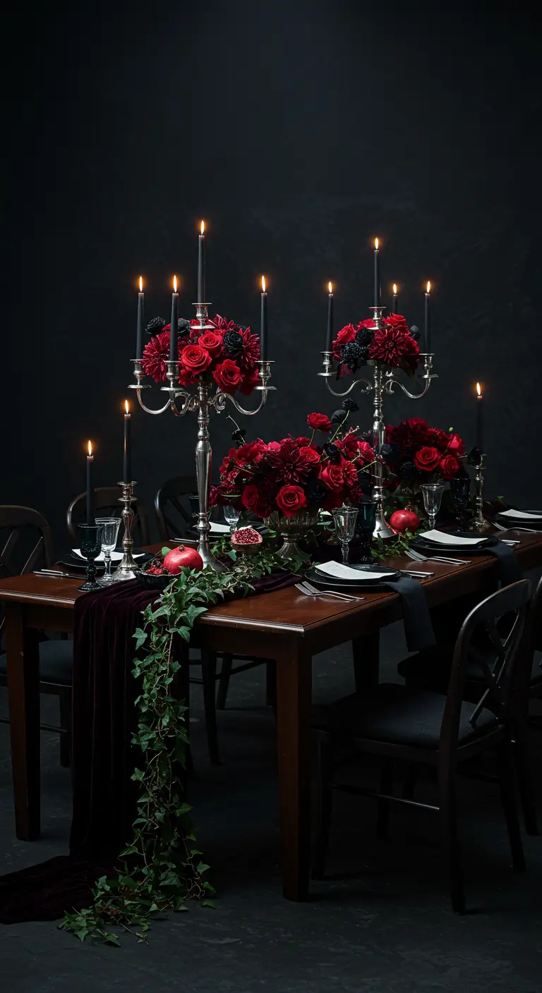 Table de fête gothique avec roses rouges, bougies noires et lierre.