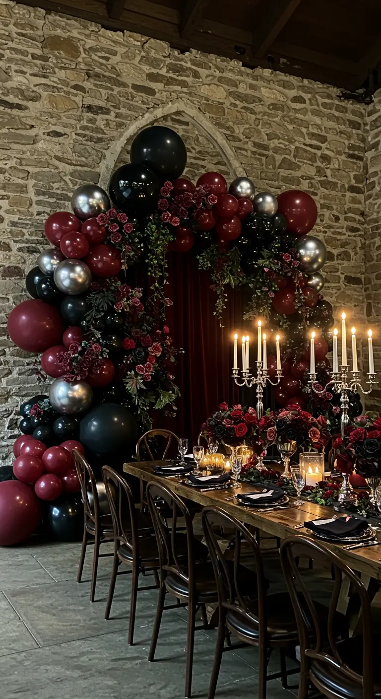Arche de ballons bordeaux, noir et argent devant un mur en pierre.