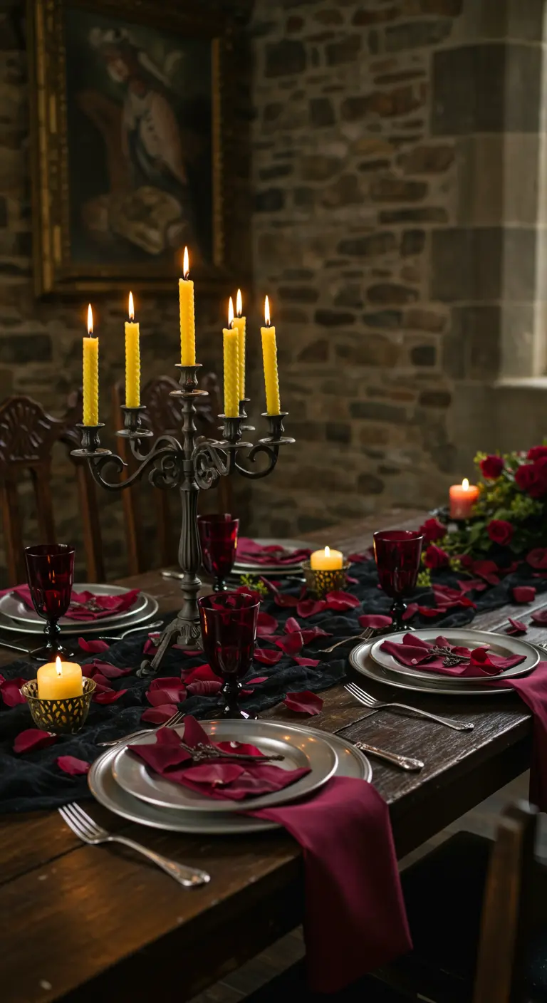 Table de dîner d'inspiration gothique avec vaisselle en étain, verres rouges et bougies jaunes.