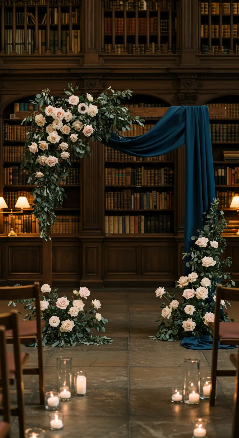 Arche de mariage en bois dans une bibliothèque, avec roses pâles et velours bleu nuit.