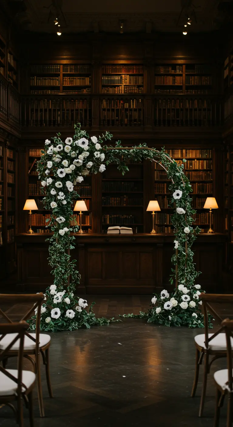 Arche florale romantique installée dans une bibliothèque ancienne aux murs de livres.