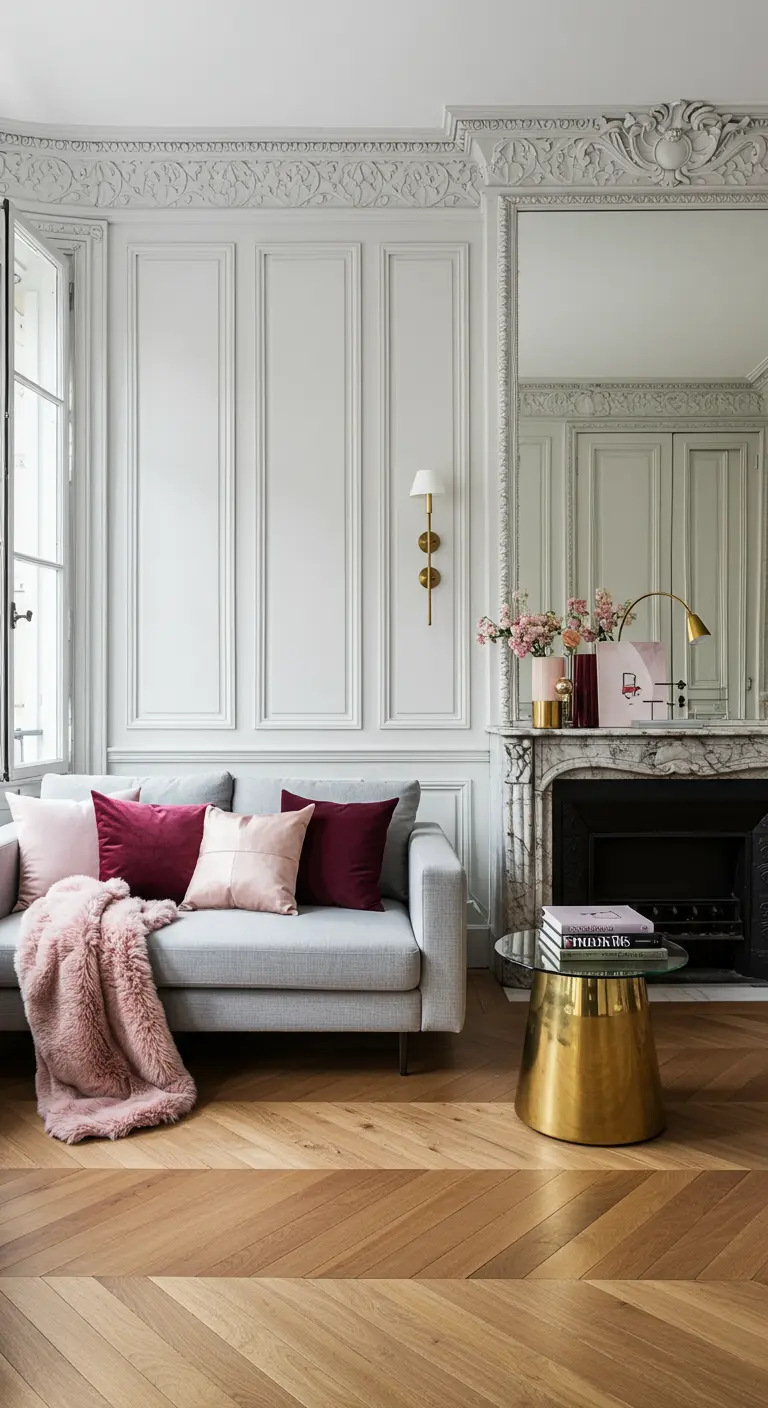 Canapé gris dans un appartement haussmannien, avec des coussins roses, bordeaux et un plaid en fausse fourrure.
