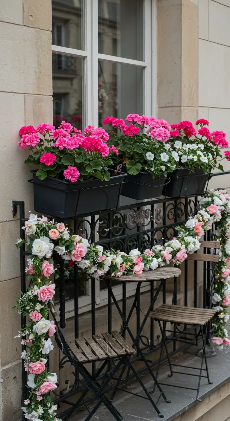 Balcon parisien avec table bistro, géraniums et guirlande de roses.
