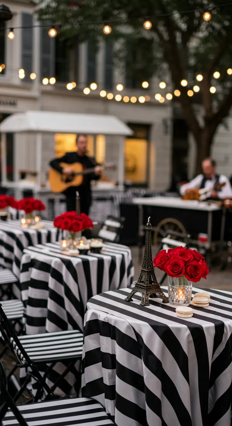 Scène parisienne avec tables rayées noir et blanc, roses rouges et miniatures Tour Eiffel.