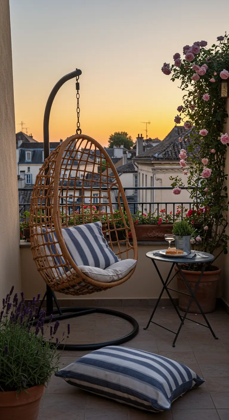 Fauteuil en rotin sur un balcon fleuri avec des roses et une petite table.