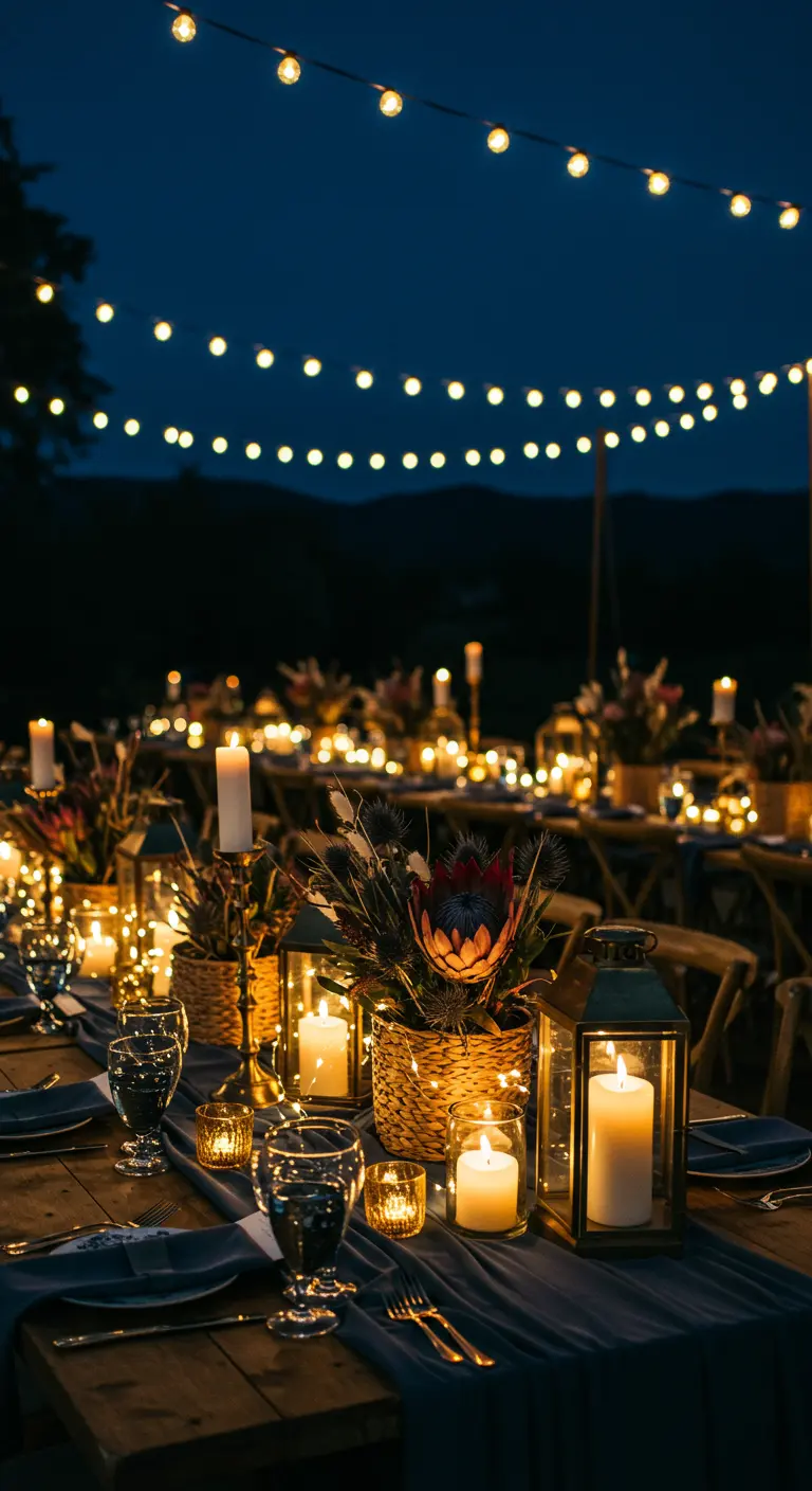 Table de mariage avec chemin de table rose, bouquets de pampas et fleurs pastel dans des paniers.